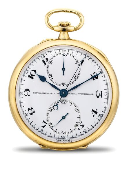 Patek Philippe, ‘A rare and attractive yellow gold open face chronograph pocket watch with enamel dial, Patek Philippe presentation box and additional crystal’, 1901