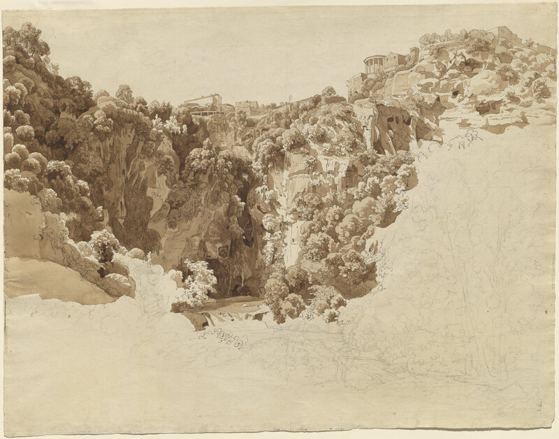 Johann Christian Reinhart, ‘Tivoli and the Temple of the Sibyl above the Aniene Gorge’, 1794/1798, Drawing, Collage or other Work on Paper, Pen and brown ink with brown wash over graphite on laid paper, National Gallery of Art, Washington, D.C.