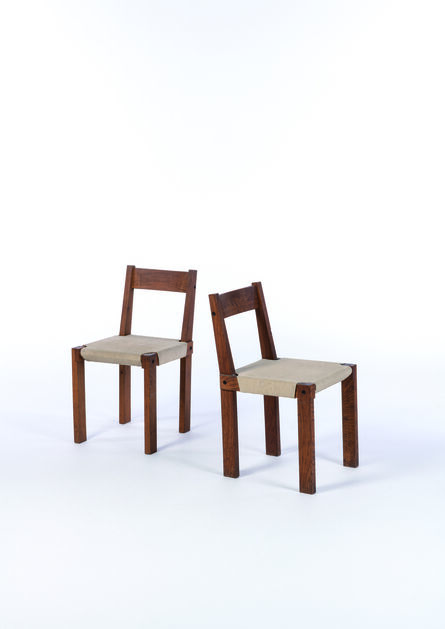 Pierre Chapo, ‘Pair of S24 chairs in elm and upholstery’, vers 1960