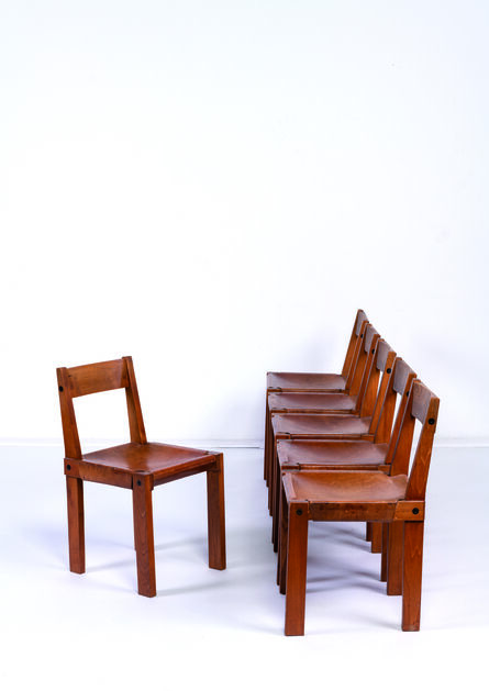 Pierre Chapo, ‘Six S24 dining chairs in elm and leather’, vers 1960