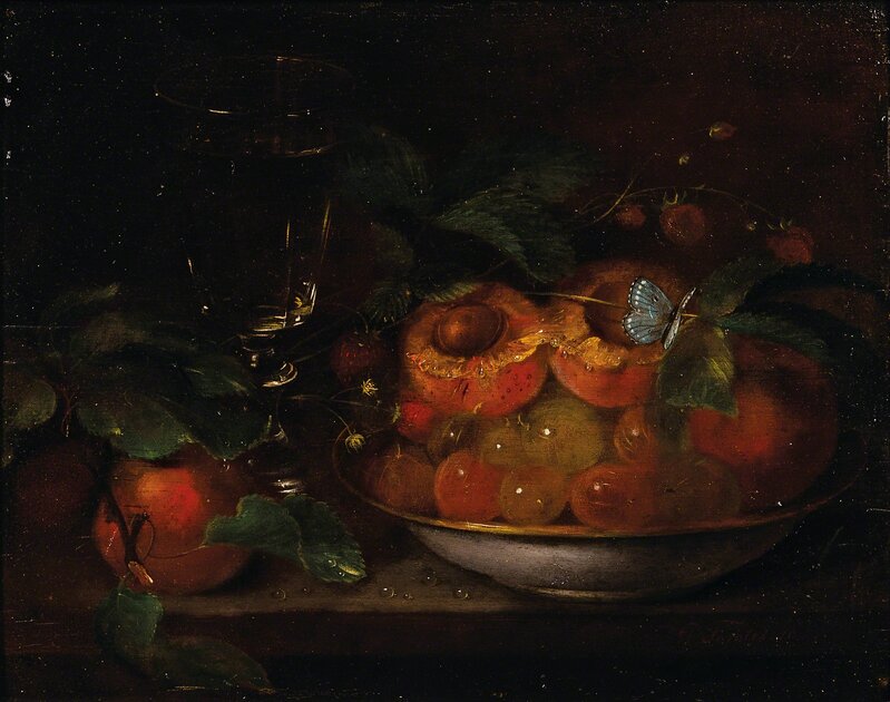 George Forster, ‘Still Life with Peaches and Blue Butterfly’, Painting, Oil on panel, framed., Skinner