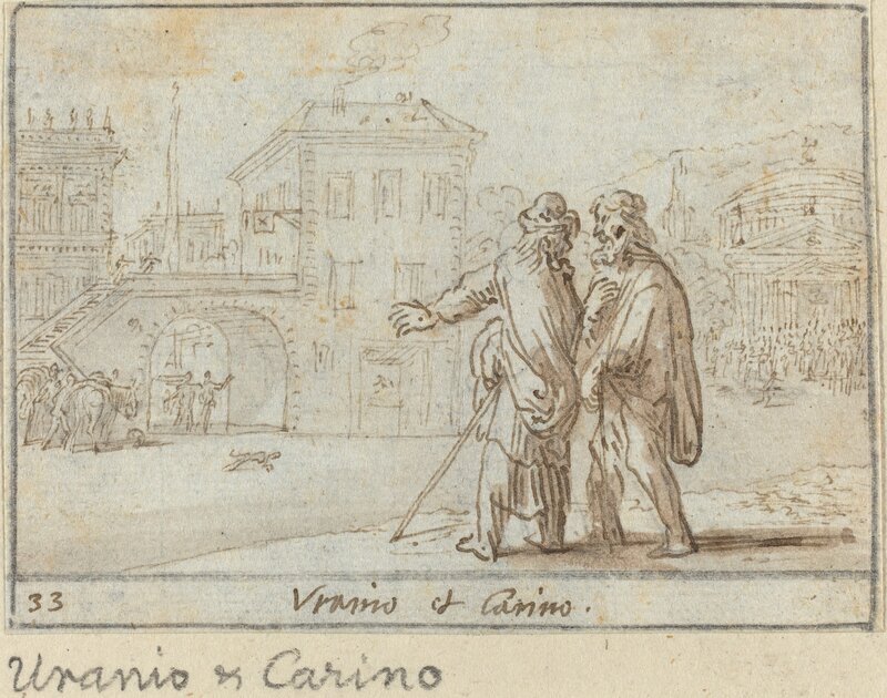 Johann Wilhelm Baur, ‘Uranio and Carino’, 1640, Drawing, Collage or other Work on Paper, Pen and brown ink with brown wash on laid paper, National Gallery of Art, Washington, D.C.