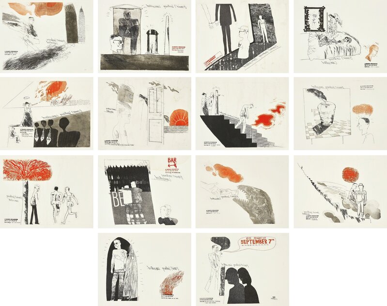David Hockney, ‘A Rake's Progress: 14 plates’, 1963, Print, Fourteen etchings with sugar-lift aquatint in black and red, on Crisbrook Royal Hotpress paper, with margins, Phillips