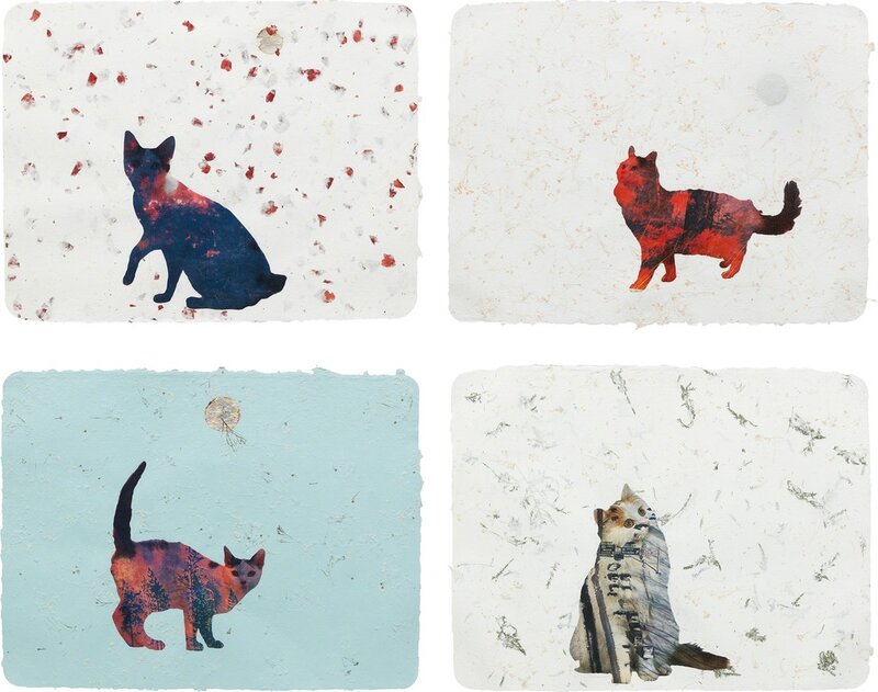 Christian Holstad, ‘Four Works: (i) Scaredy Cats #10 (ii) Here Kitty Kitty #20 (iii) Here Kitty Kitty #10 (iv) Here Kitty Kitty #3’, (i) , (ii) 2005; (iii) , (iv) 2004, Collage on handmade paper, Phillips
