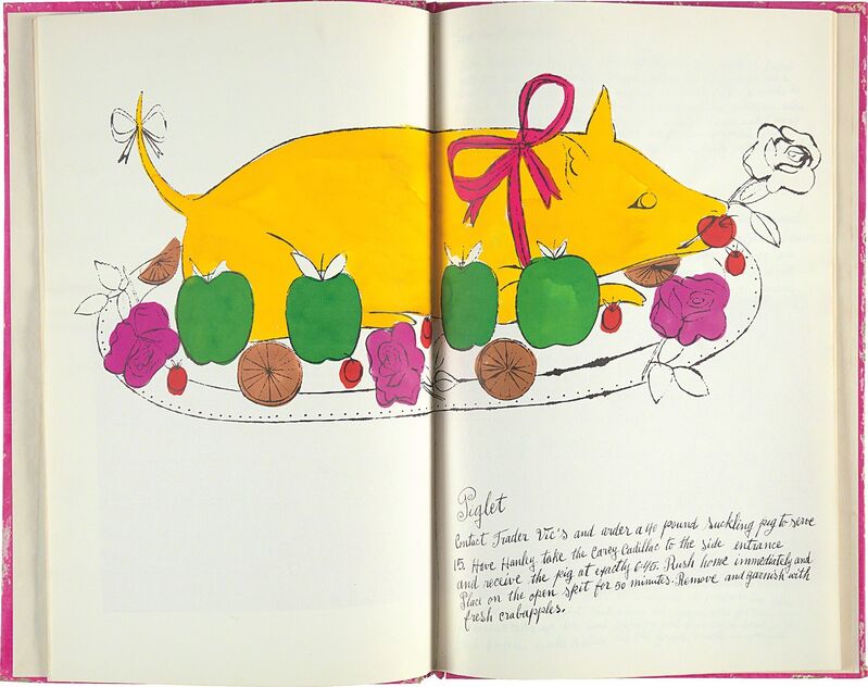 Andy Warhol, ‘Wild Raspberries’, 1959, Print, The complete set of 18 offset lithographs, five with hand-coloring, one is a double plate, on laid paper, the full sheets, bound (as issued) in the original pink hand-colored paper-covered cardboard cover, recipes by Suzie Frankfurt, with original fuchsia tissue overlays, inscribed 'To Tom andy Warhols Mother' in black paint on the cover., Phillips