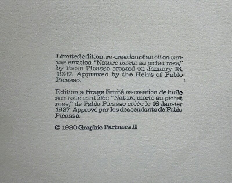 Pablo Picasso, ‘NATURE MORTE AU PICHET ROSE’, 1979-1982, Reproduction, LITHOGRAPH ON ARCHES PAPER, Gallery Art