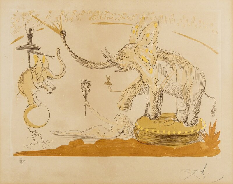 Salvador Dalí, ‘Eléphants (Field 65-5F; M&L 139a)’, 1965, Print, Etching with aquatint printed in colours and gold leaf, Forum Auctions