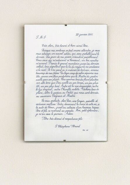 Danh Vō, ‘Last letter of Saint Théophane Vénard to his father before he was decapitated copied by Phung Vo’, 2015