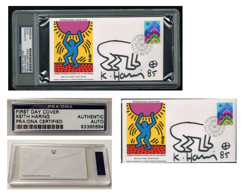 Keith Haring, ‘"International Youth Day-United Nations" WFUNA, 1985, SIGNED, United Nations Envelope w/ BABY DRAWING, First Day of Issue World Federation of United Nations Association, Authenticated, UNIQUE’, 1985, Drawing, Collage or other Work on Paper, Blk. Sharpie on paper, VINCE fine arts/ephemera