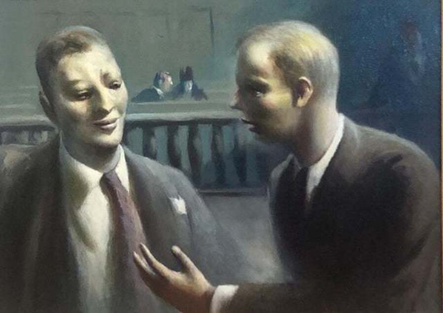 "Two Figures in Courtroom" WPA American Modernism Realism Lawyers NYC Scene Oil