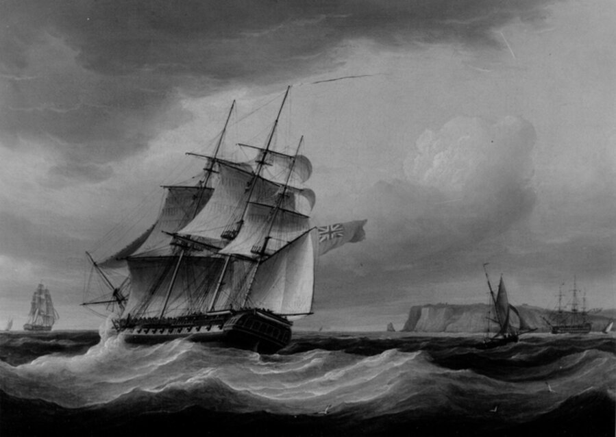 Three British Men-O'-War and Four Fishing Boats in Breeze off-Shore