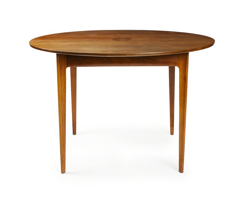 ‘A Danish Modern dining table’, Design/Decorative Art, The circular top with inlaid center medallion, raised on tapering post legs, together with two leaves, 3 pieces, John Moran Auctioneers