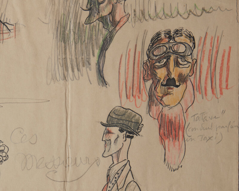 Jacques Vaché, ‘Ces Messieurs’, Drawing, Collage or other Work on Paper, Color pencil, pencil, and ink on paper laid to Arches paper under glass, John Moran Auctioneers