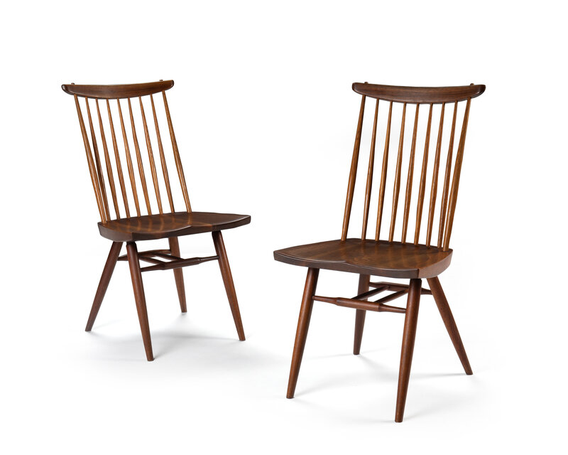 George Nakashima, ‘A pair of George Nakashima for Nakashima Studios "New" chairs’, Design/Decorative Art, American black walnut and hickory, each designed with a curved backrest with carved spindles over a conforming carved wood seat and raised on turned post legs, 2 pieces, John Moran Auctioneers