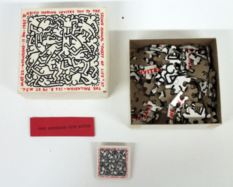 Keith Haring, ‘"Party of Life", Invite, Puzzle/Box Paladium NYC, (COMPLETE SET)’, 1985, Ephemera or Merchandise, Ink, Card board, VINCE fine arts/ephemera