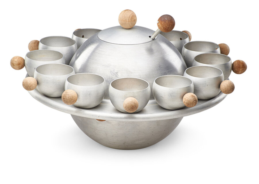 Saturn punch set, bowl, ladle, twelve cups, tray, USA