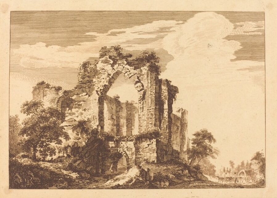 Landscape with Large Ruin, Wagon and Horses at Right