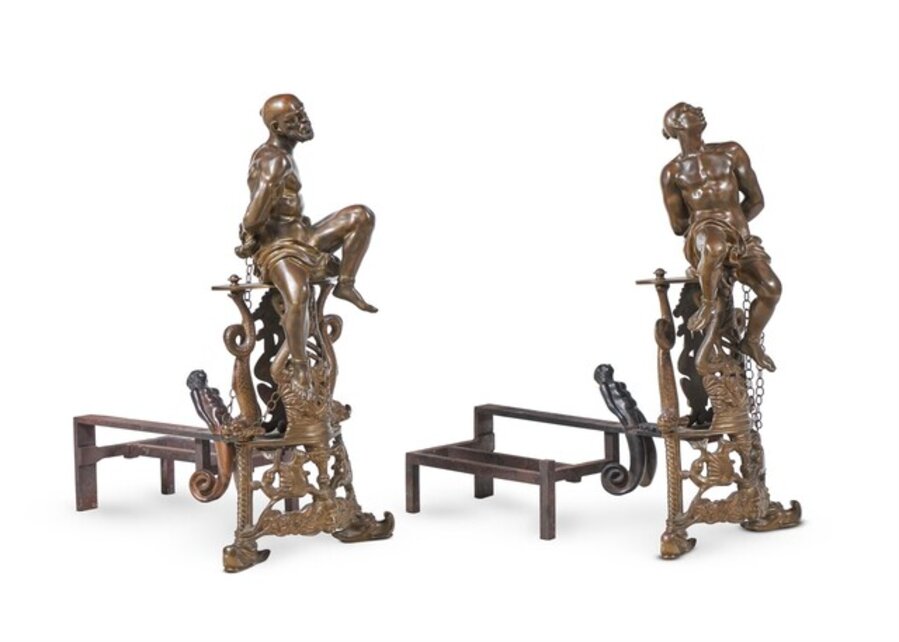 A PAIR OF BRONZE CHENETS AS THE CHAINED BARBARY PIRATES 19TH CENTURY