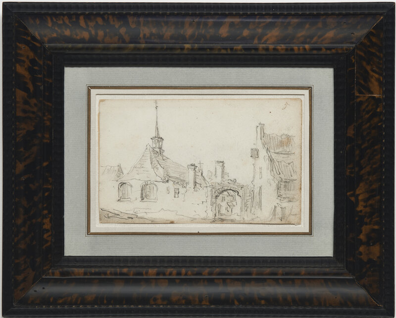 Jan van Goyen, ‘Village church with turret, arched gateway and a house’, 1650, Drawing, Collage or other Work on Paper, Black chalk, with brush and gray wash on ivory laid paper, Mireille Mosler Ltd.