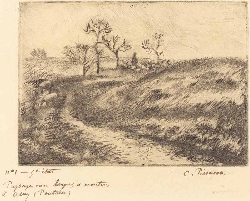 Camille Pissarro, ‘Paysage avec berger et moutons a Osny (Pontoise)’, 1883, Print, Etching, aquatint, and drypoint, National Gallery of Art, Washington, D.C.