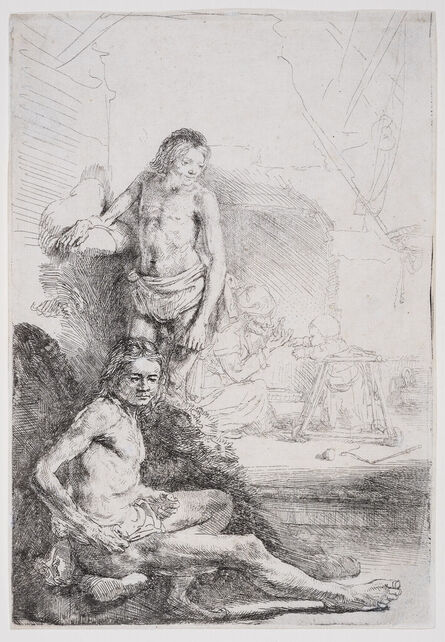Rembrandt van Rijn, ‘Nude man seated and another standing, with a woman and baby lightly etched in the background’, 1646