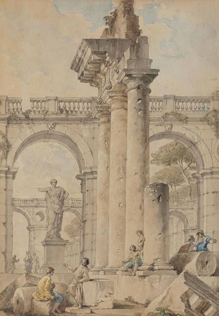 Giovanni Paolo Panini, ‘An architectural capriccio with figures among classical ruins, broken columns and pediments’