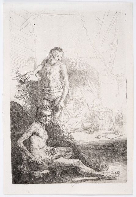 Rembrandt van Rijn, ‘Nude man seated and another standing, with a woman and baby lightly etched in the background’, 1646