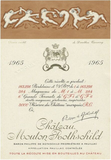 Stephen Prina, ‘galesburg, illinois+, Dorothea Tanning, Born: August 25, 1910, Galesburg, Illinois, Died: January 31, 2012, New York, New York, Château Mouton Rothschild, 1965, Wine Bottle Label Design’, 2015