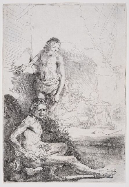 Rembrandt van Rijn, ‘Nude man seated and another standing, with a woman and baby lightly etched in the background’, circa 1646