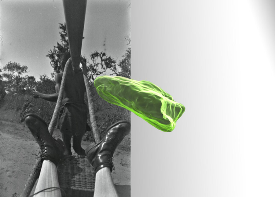 Hans Himmelheber, Himmelheber’s boots and tipoye bearer, DR Congo, Lele region, January 1939, scan of a Dioptase from Tantara mine, and your reflection in the mirror, 2020