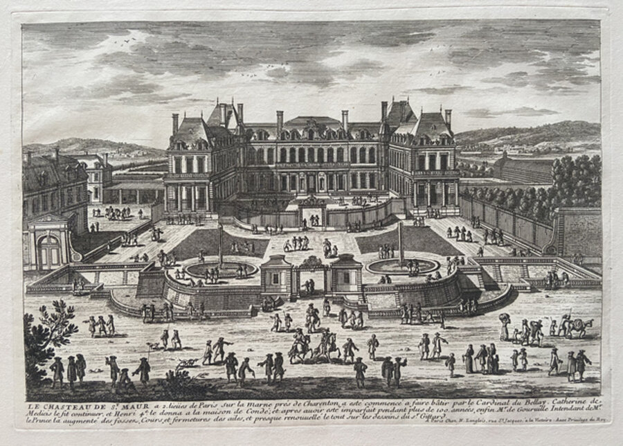 Veues Des Belles Maisons Des Environs De Paris: Le Chasteau de St. Maur a 2 lieues de Paris sur la marne pres de Charenton a este commence a faire batir par le Cardinal du Bellay. Catherine de Medicis le fit continuer et Henri 4e le donna a la maison de Conde.