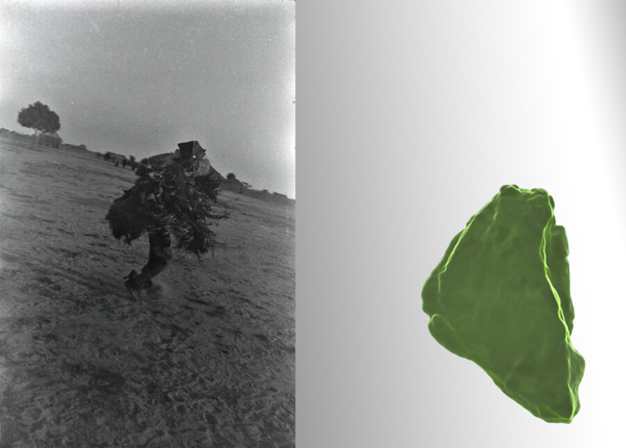 Hans Himmelheber, Performance of a mbuya mask with leaves and raffia costume, DR Congo, Pende region, 1939, scan of a Dioptase from Tantara mine, and your reflection in the mirror, 2020