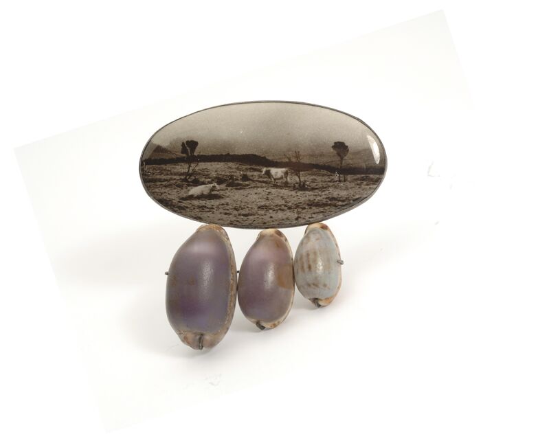 Bettina Speckner, ‘Untitled (brooch)’, 2004, Jewelry, Artist’s photograph enameled on silver, cowrie shells, amethysts, Museum of Arts and Design