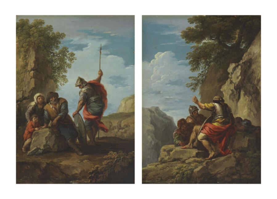 A soldier with a peasant family in a landscape; and Soldiers in a rocky landscape