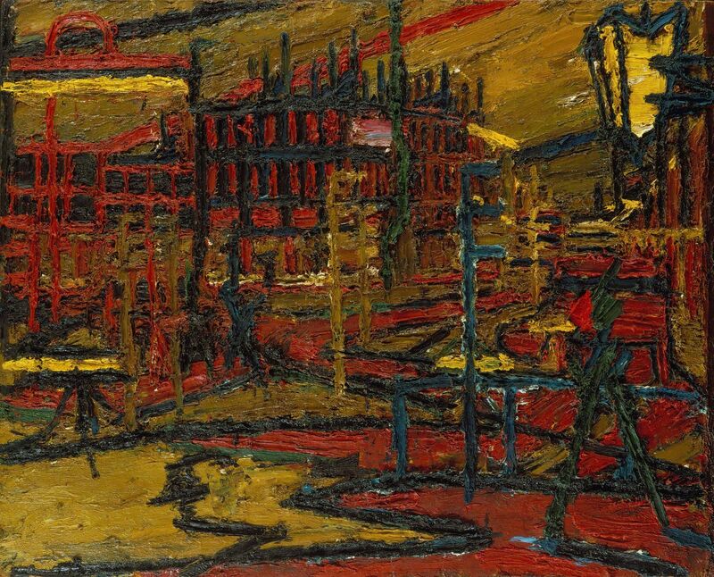 Frank Auerbach, ‘Mornington Crescent with the statue of Sickert's father in law’, 1966, Painting, Oil on panel, J. Paul Getty Museum