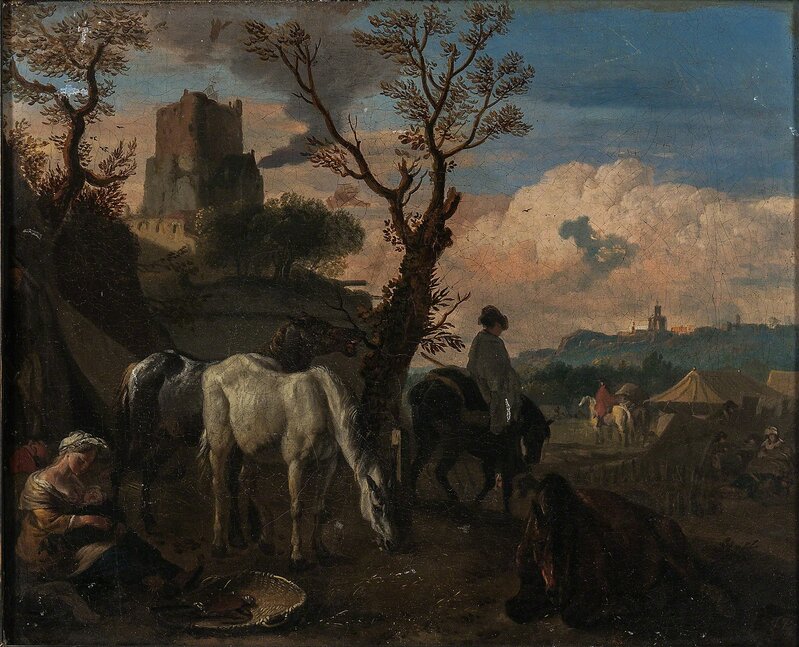 Attributed to Johannes van der Bent, ‘Military Encampment with Foreground Figures at Rest’, Painting, Oil on canvas, Skinner