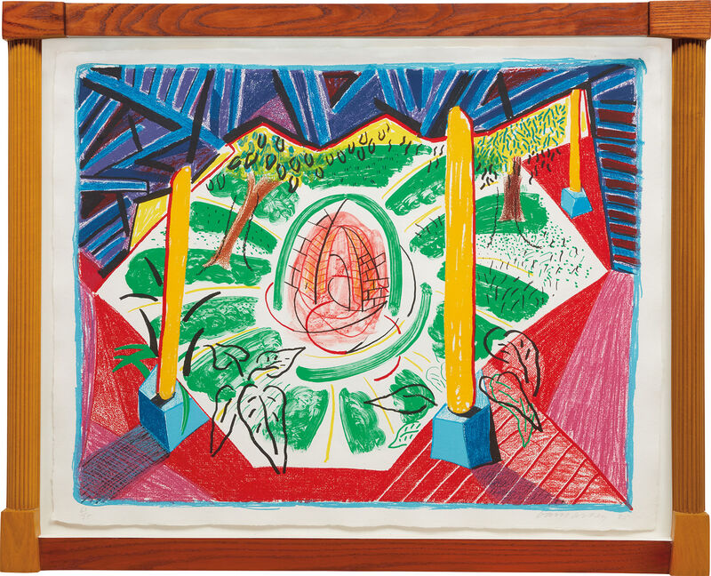 David Hockney, ‘Views of Hotel Well II, from Moving Focus Series’, 1985, Print, Lithograph in colors, on John Koller HMP handmade paper, with full margins, contained in the artist's sculptural and stained wood frame (as issued)., Phillips