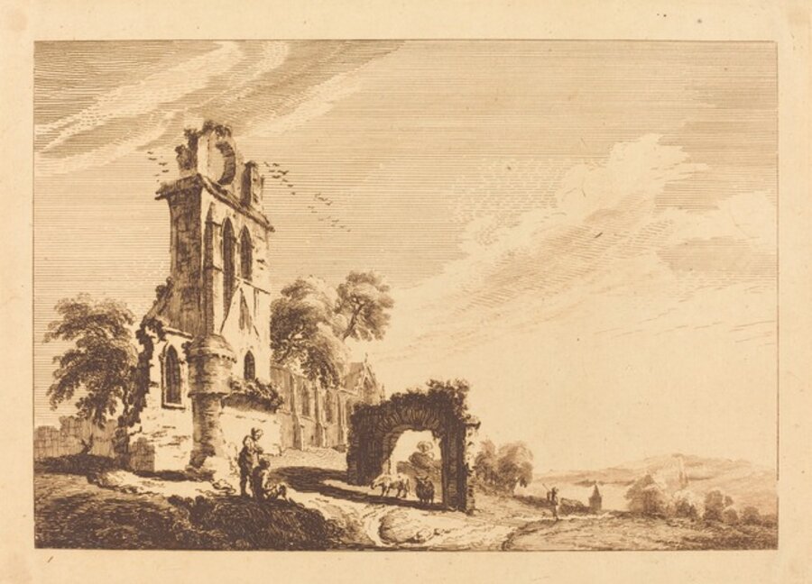 Landscape with Ruin at Left and Arch with Sheep at Center