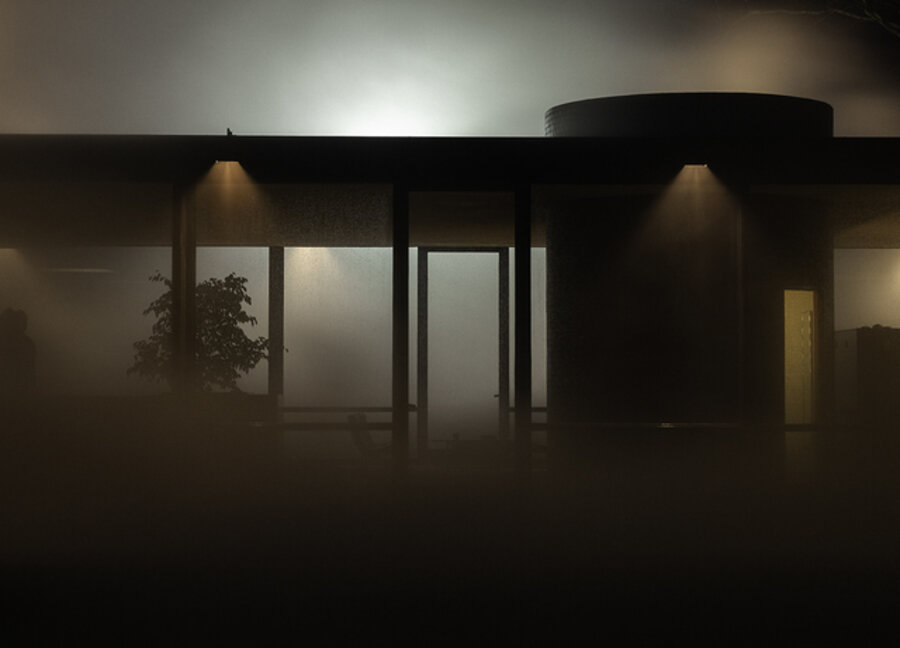 Night View Elevation with Sculpture, Glass House