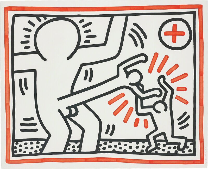 Keith Haring, ‘Three Lithographs: one plate’, 1985, Print, Lithograph in red and black, on wove paper, with full margins, Phillips