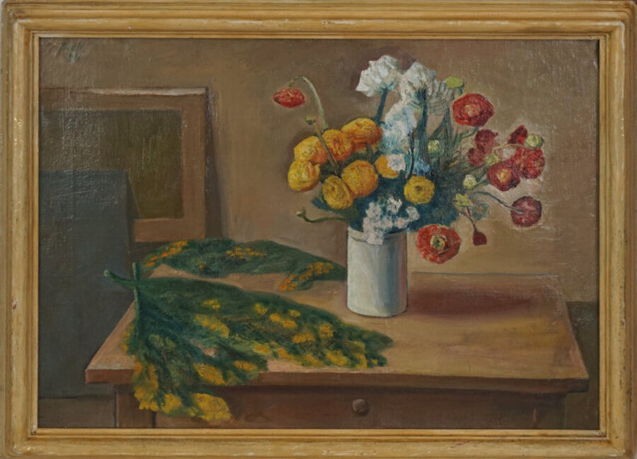 Modern Floral Still Life of Ranunculus and Mustard Oil Painting on Linen