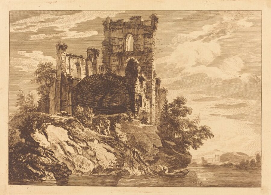 Landscape with Ruin, Figure in Boat at Lower Center