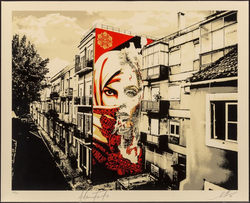 Shepard Fairey, ‘Obey/Vhils Universal Personhood Lisbon’, 2018, Print, Screenprint in colors on speckled cream paper, Heritage Auctions