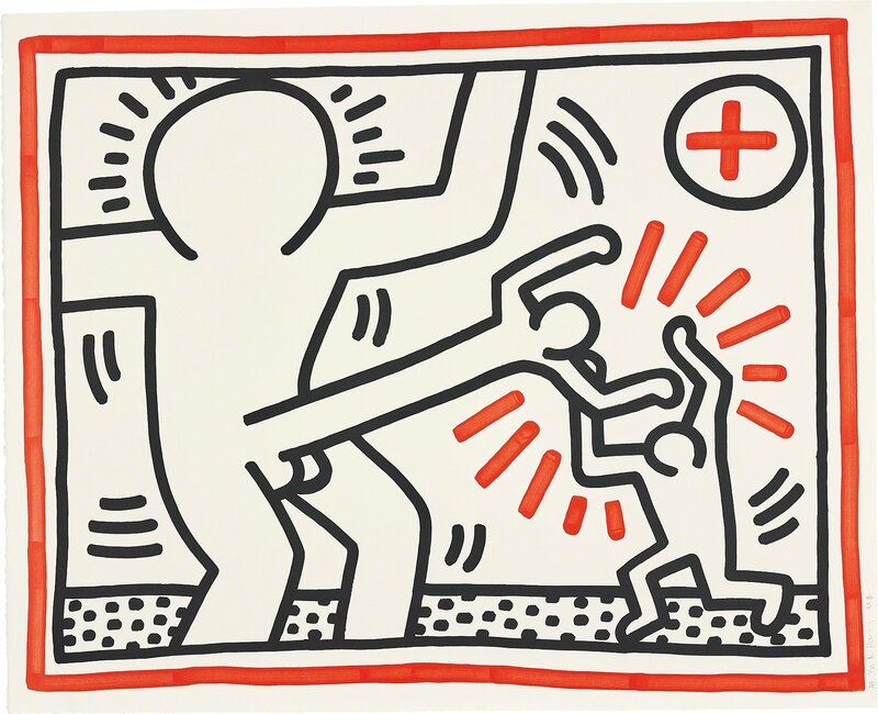Keith Haring, ‘Three Lithographs: one plate’, 1985, Print, Lithograph in black and red, on BFK Rives paper, with full margins., Phillips