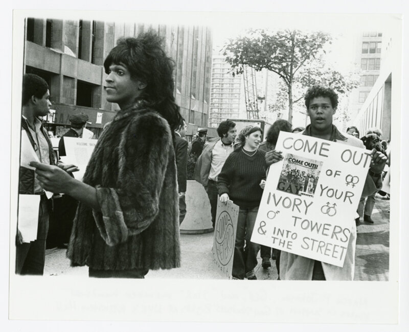 Diana Davies, ‘Untitled (Marsha P. Johnson Hands Out Flyers For Support of Gay Students at N.Y.U.)’, ca. 1970, Photography, Digital print, Grey Art Gallery
