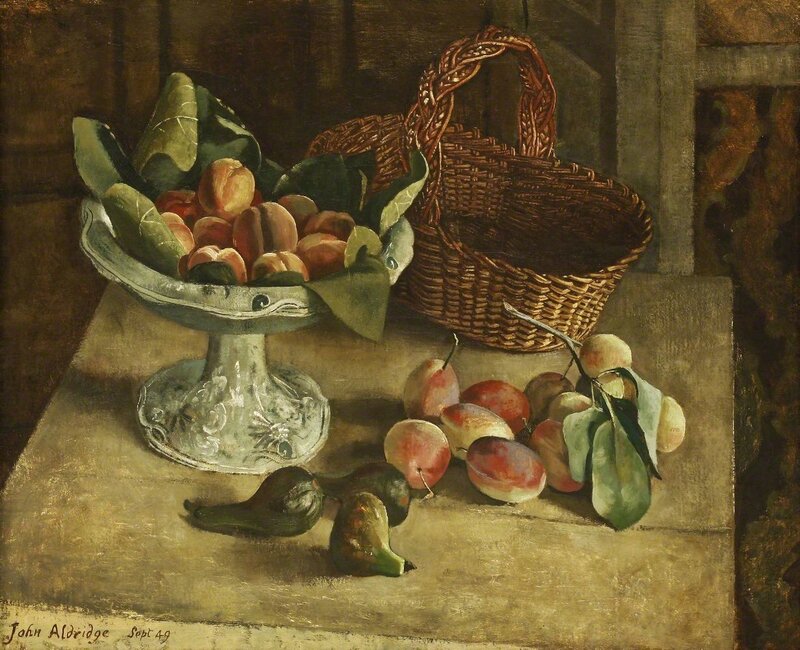 John Arthur Malcolm Aldridge, ‘STILL LIFE OF FRUIT AND A BASKET ON A TABLE’, Painting, Oil on canvas, Sworders