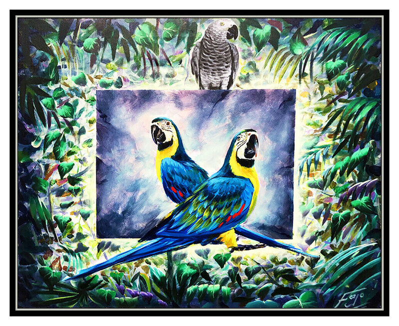 Ferjo, ‘Parrots in the Tree’, 20th Century, Painting, Oil Paint on Canvas, Original Art Broker