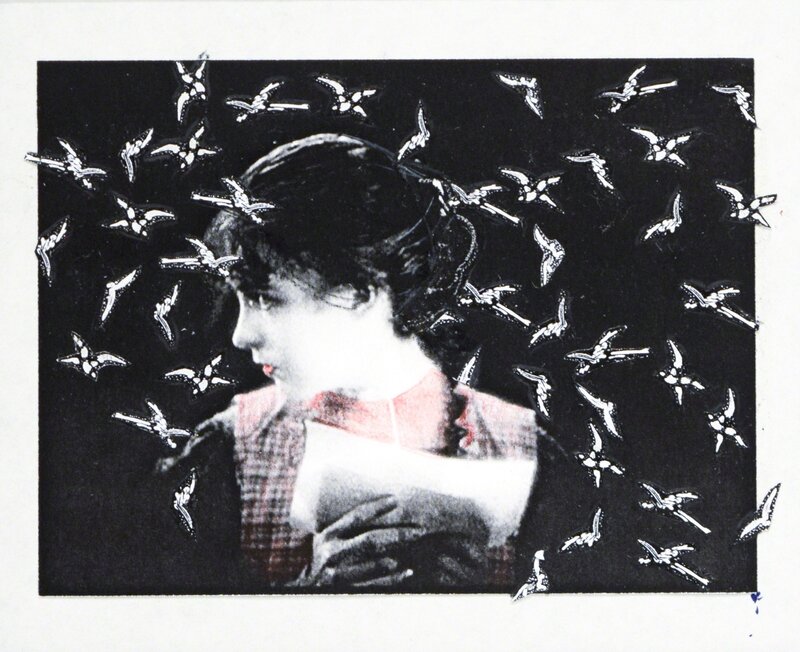 Stacey Steers, ‘Night Hunter (woman, swarm of small birds)’, N/A, Drawing, Collage or other Work on Paper, Collage, Robischon Gallery