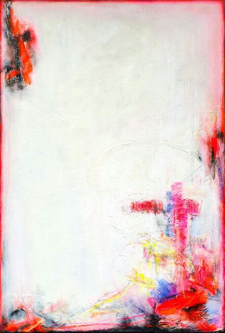 Leon Grossmann, ‘White Abstract Painting. don't ask if you can. Neon Red Painting, White, Pink, Red, Rosa, Orange, Neon Orange, Textured Abstract Painting, Yellow, Blue, Minimalism, vibrant, bold, Extra Large Painting, Gestural, Abstract Painting ’, 2023