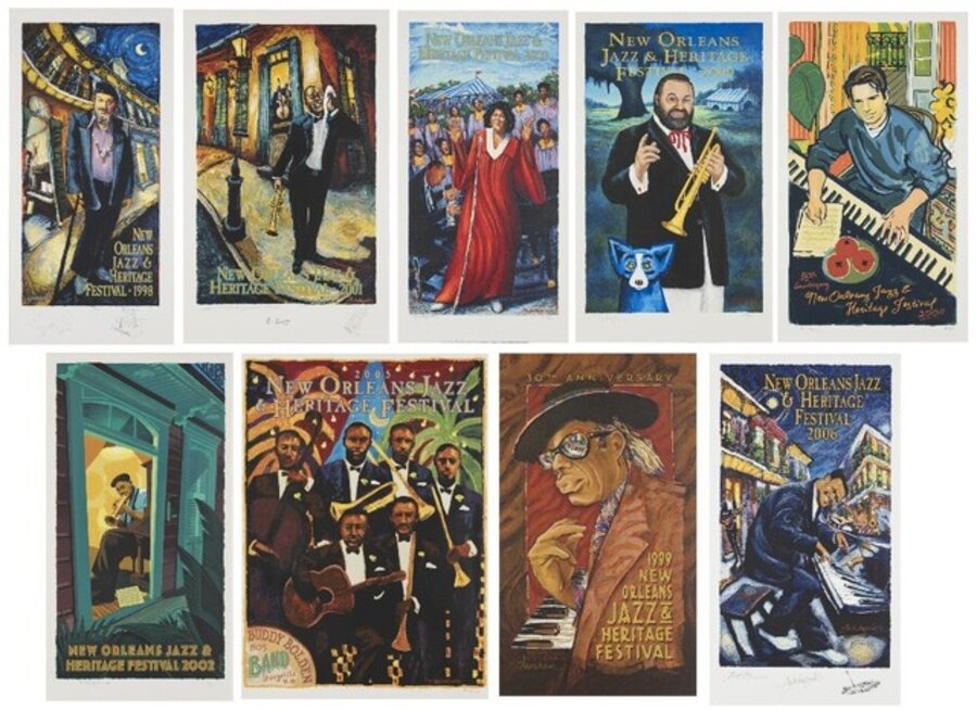 Paul Rogers, American 20th/21st Century, George Rodrigue, American, 1912-1990, George Dureau, American,1930-2014, and William Hemmerling, American, 1943-2009; New Orleans Jazz and Heritage festival posters